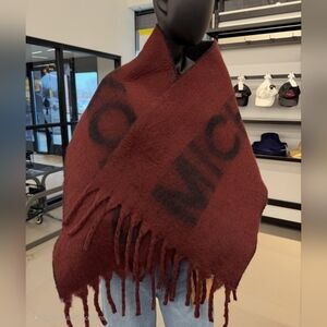 MICHAEL KORS Burgundy Black LOGO Fringed Scarf Riversible WARM Thick